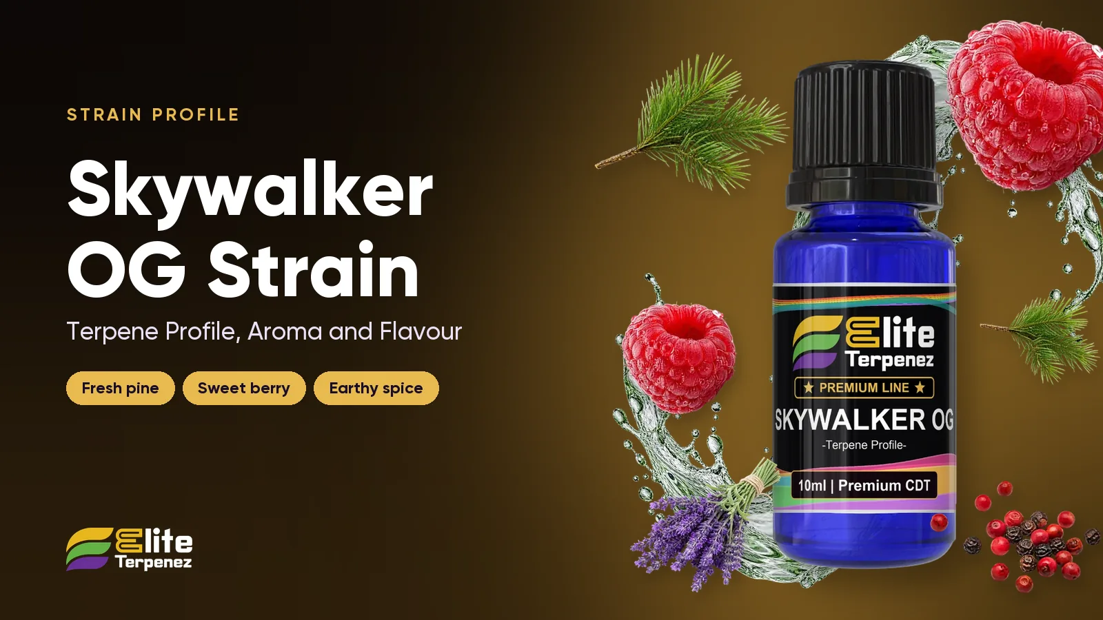 Elite Terpenez Skywalker OG terpene profile bottle with pine and berry styling | Elite Terpenez