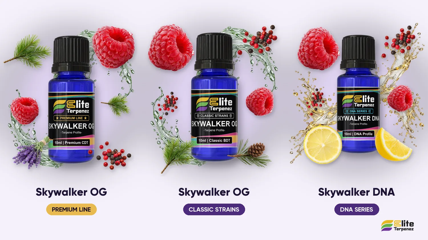 Three Elite Terpenez Skywalker profiles side by side: Premium Line, Classic Strains and DNA Series | Elite Terpenez