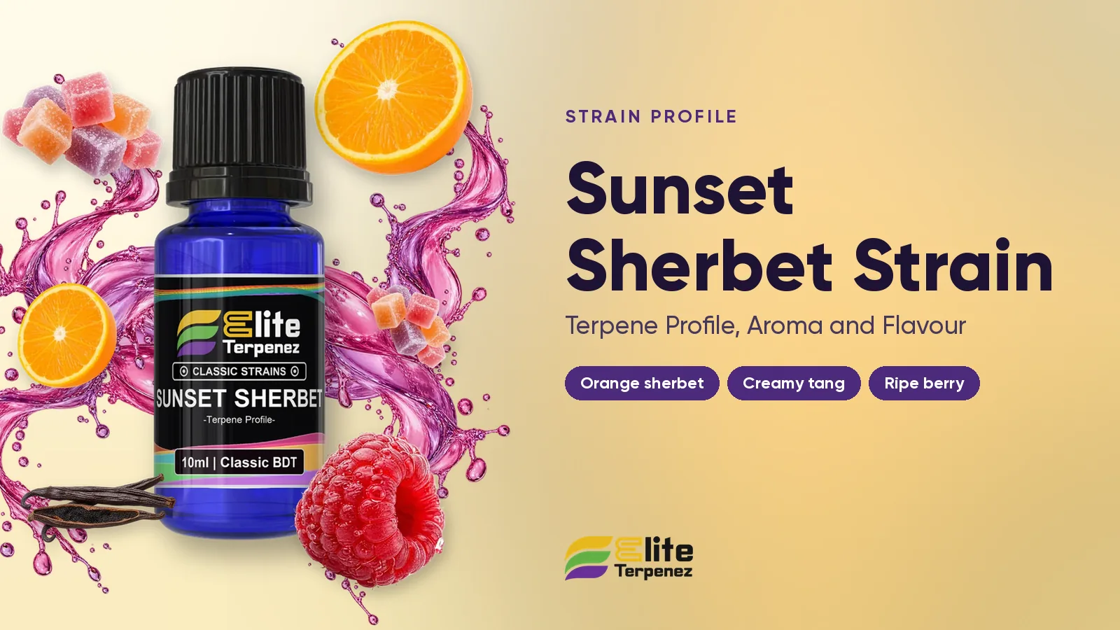 Elite Terpenez Sunset Sherbet Classic Strains bottle with orange sherbet and berry splash | Elite Terpenez