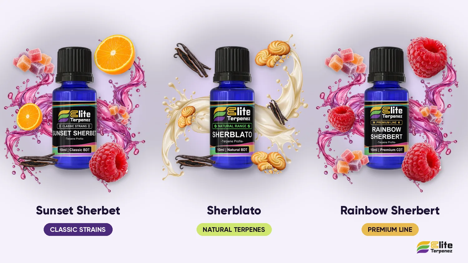 Elite Terpenez Sunset Sherbet Classic, Sherblato Natural and Rainbow Sherbert Premium bottles side by side | Elite Terpenez