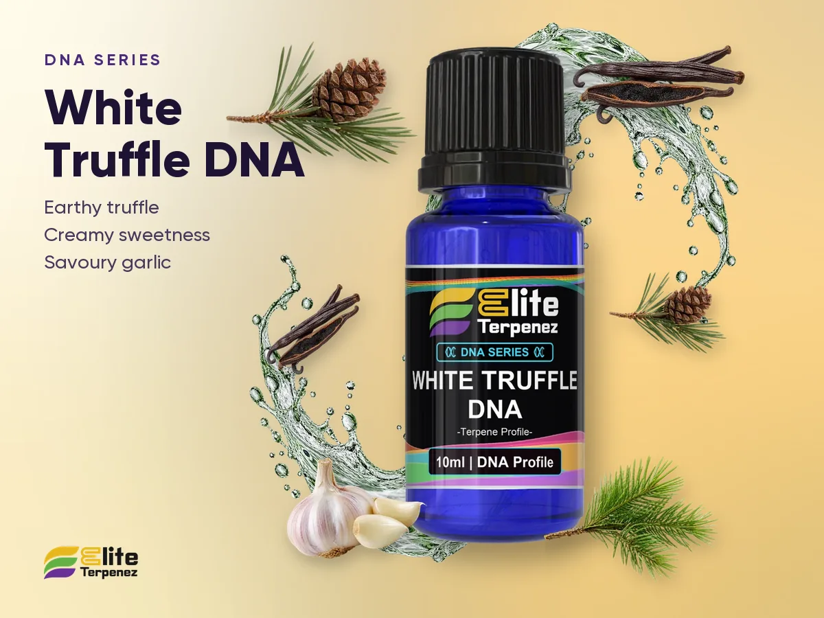 Elite Terpenez White Truffle DNA Series bottle with earthy truffle and cream splash | Elite Terpenez