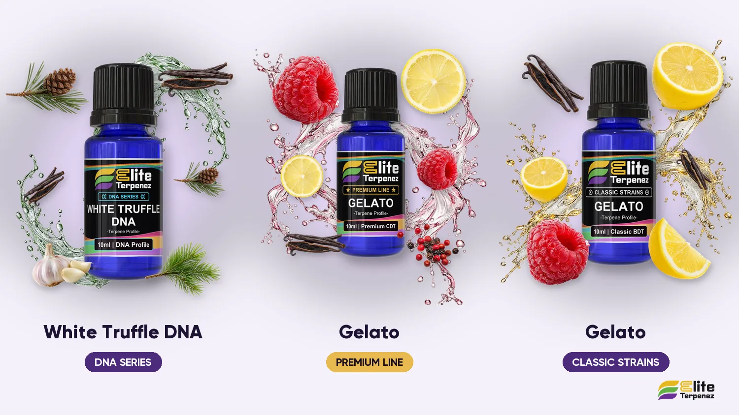 Elite Terpenez White Truffle DNA beside two Gelato profiles from the Premium and Classic Strains lines | Elite Terpenez