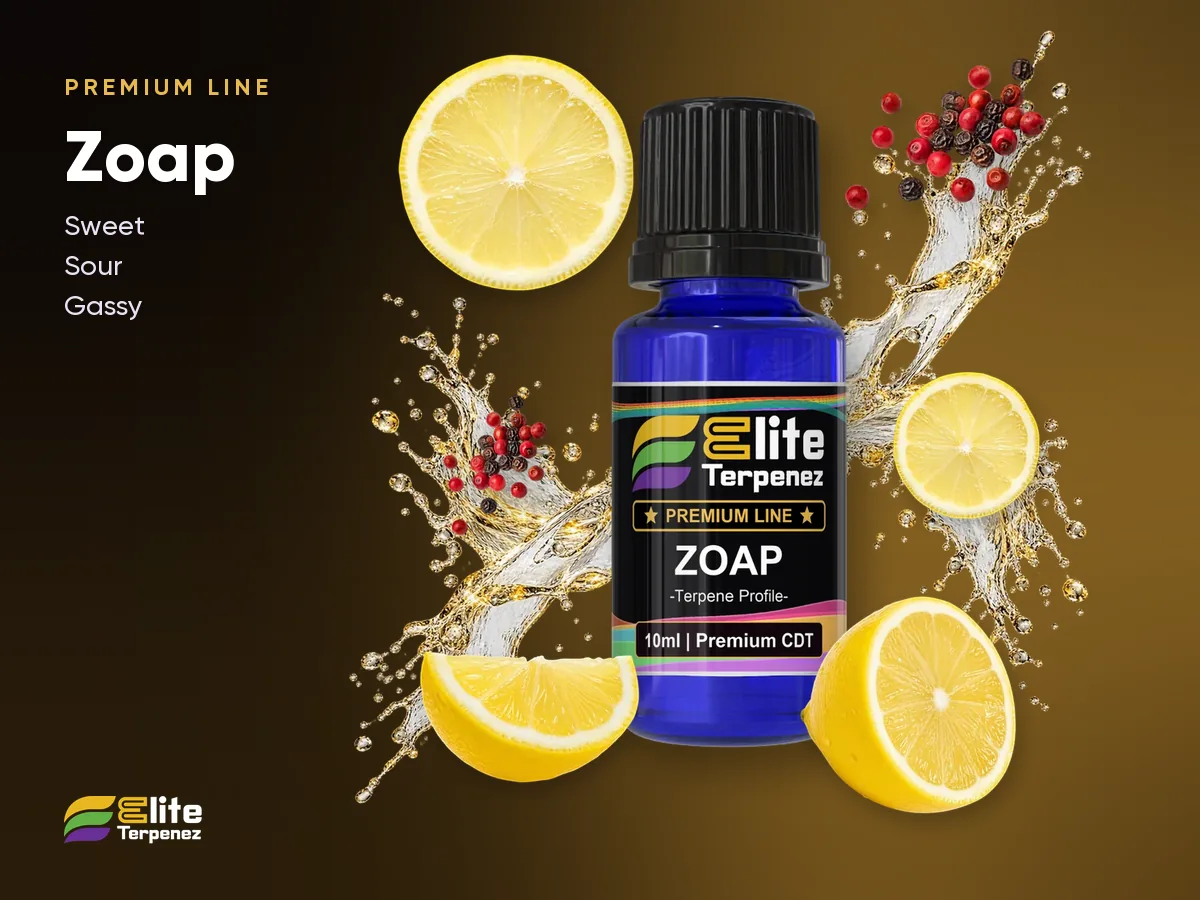 Elite Terpenez Zoap Premium Line bottle with sweet, sour and gassy splash | Elite Terpenez