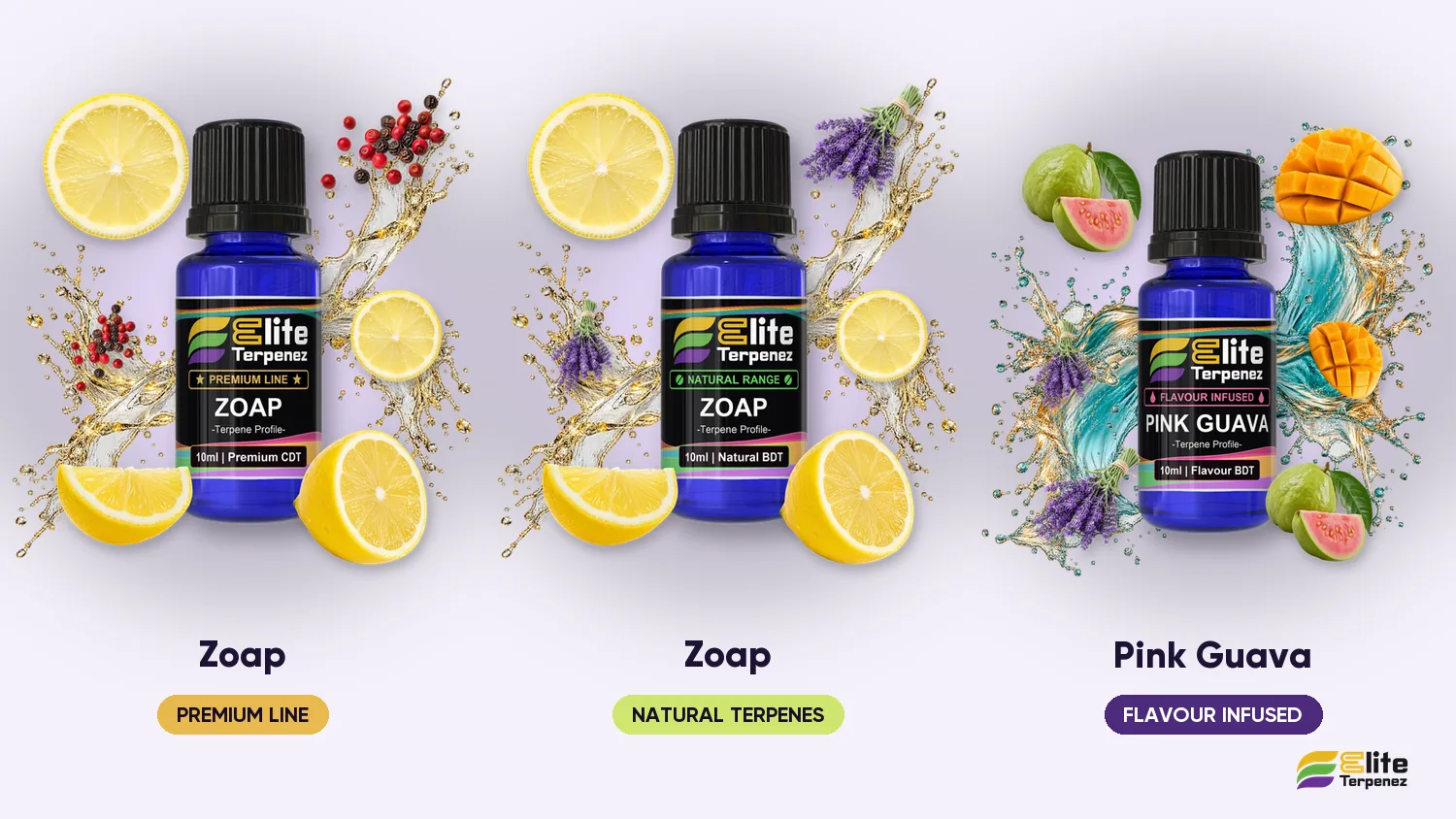 Elite Terpenez Zoap Premium, Zoap Natural and Pink Guava bottles side by side | Elite Terpenez